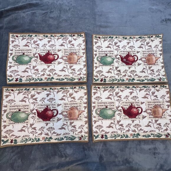 Set Of 4‎ Vintage Teapot Tapestry Placemats With Herb Motifs Cottagecore - Picture 1 of 10